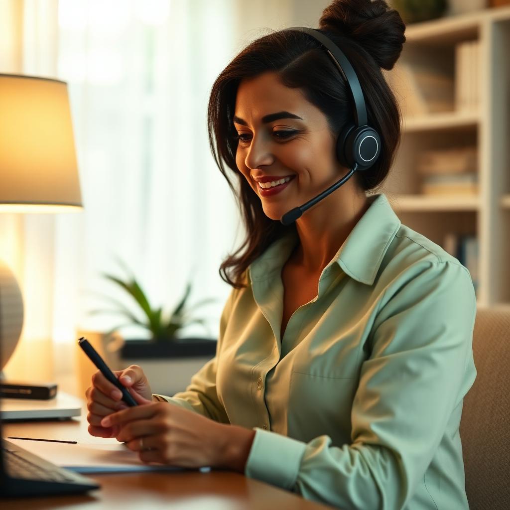 A CareMatch concierge on the phone in a softly lit home office